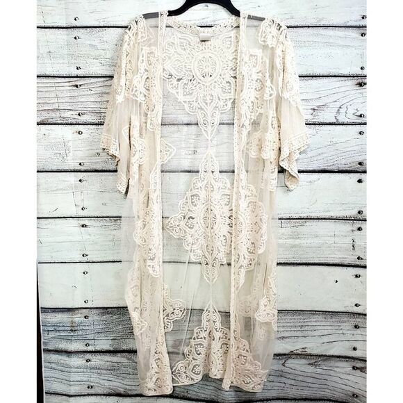 Ivory Lace Medium Large Open Front Cardigan Cover Top - Picture 1 of 9